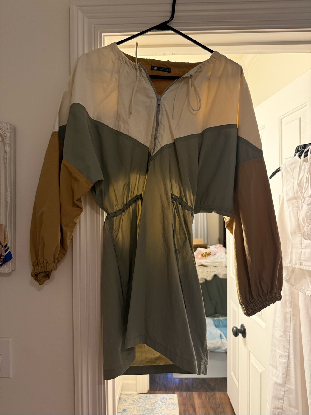 Vintage Zara Colorblock Windbreaker Jacket in Olive, Cream & Tan